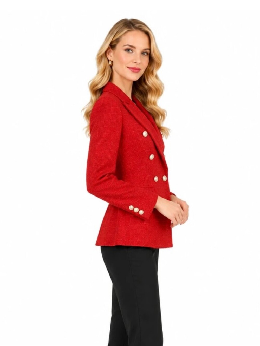 Jones New York Petite Red Textured Blazer with Gold Buttons